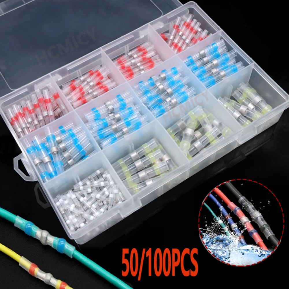 Power Tools Tool Box - ขั้วต่อสายไฟแบบหุ้มฉนวนหดด้วยความร้อน 50/100 ชิ้น บรรจุกล่อง ขั้วต่อสายไฟแบบเชื่อมต่อชนกัน กันน้ำ