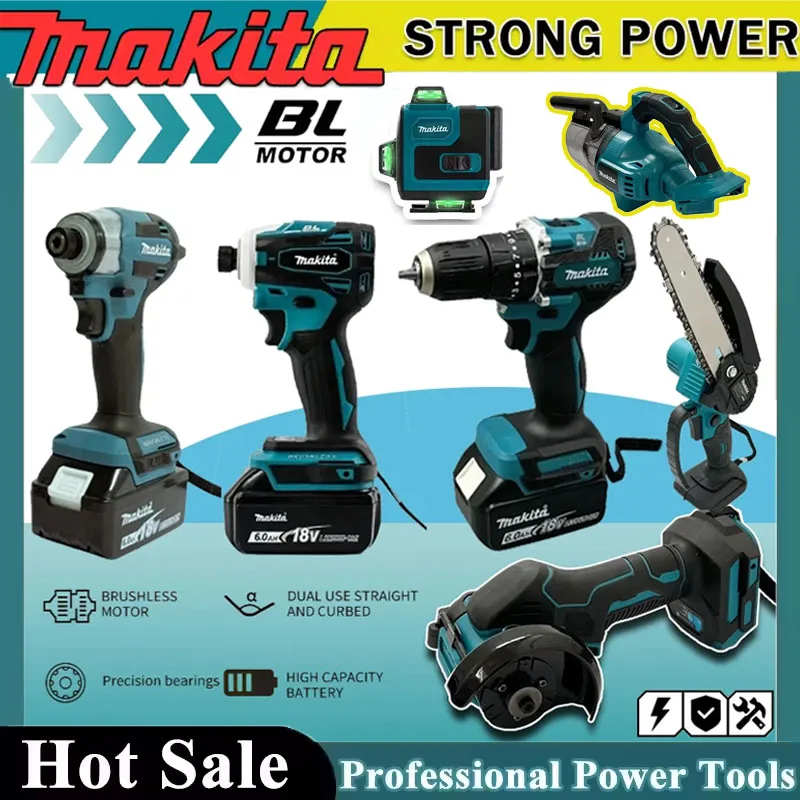 Power Tools Equipment - ชุดเครื่องมือไฟฟ้าไร้สาย Makita แบบพกพา ประกอบด้วย ไขควงกระแทกแบบชาร์จได้ เครื่องเลื่อยไฟฟ้า