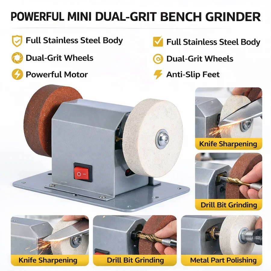 Power Tools Equipment - เครื่องเจียรไฟฟ้าขนาดเล็ก, ตัวเครื่องสแตนเลส, ล้อหยาบและละเอียด, เครื่องมืออเนกประสงค์สำหรับงานเจียร